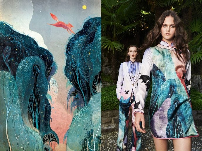 左:倪传婧插画作品,右:For Restless Sleepers品牌服饰|图片来源:微博