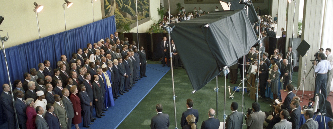Seventy-one heads of state pose for a group photo during the World Summit for Children at United Nations Headquarters in New York.