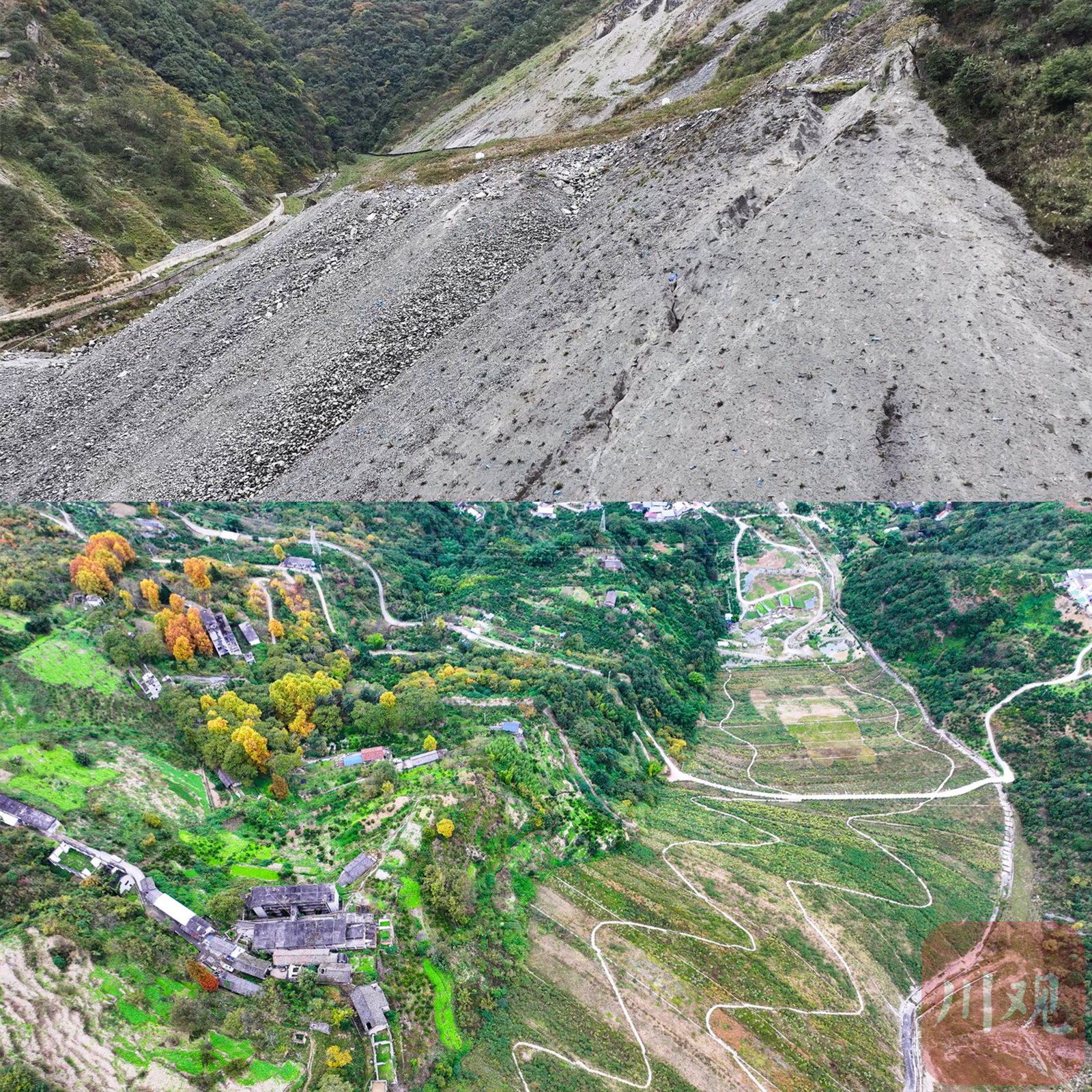 石棉矿山生态修复的对比图。