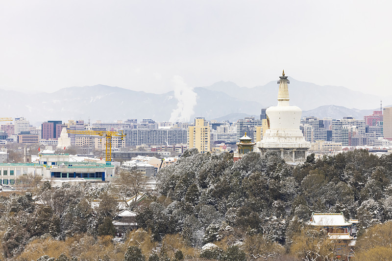 冬天大雪后的北京北海公园白塔和白塔寺白塔同框图片下载