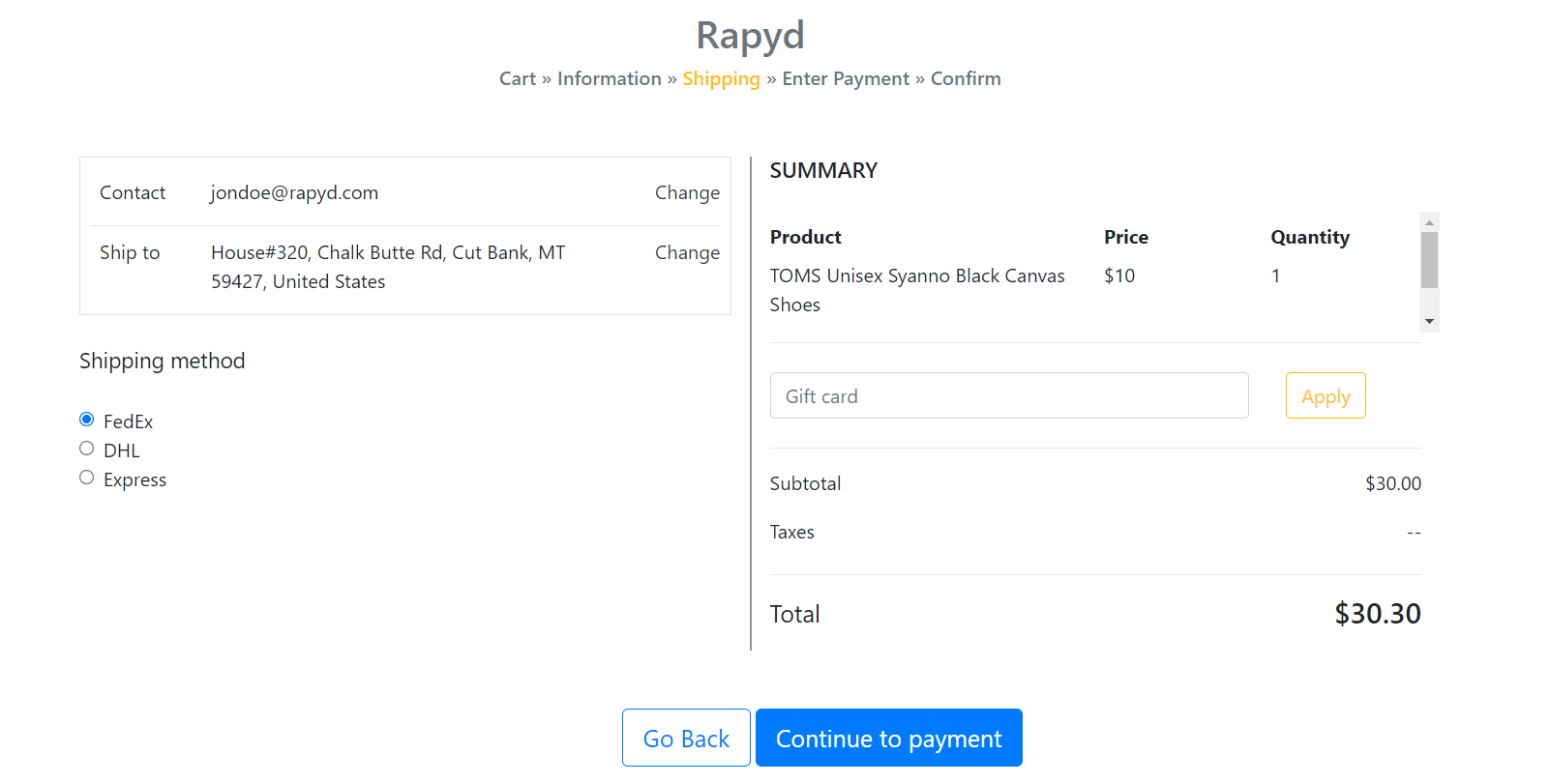 Shipping method with summarized view of cart