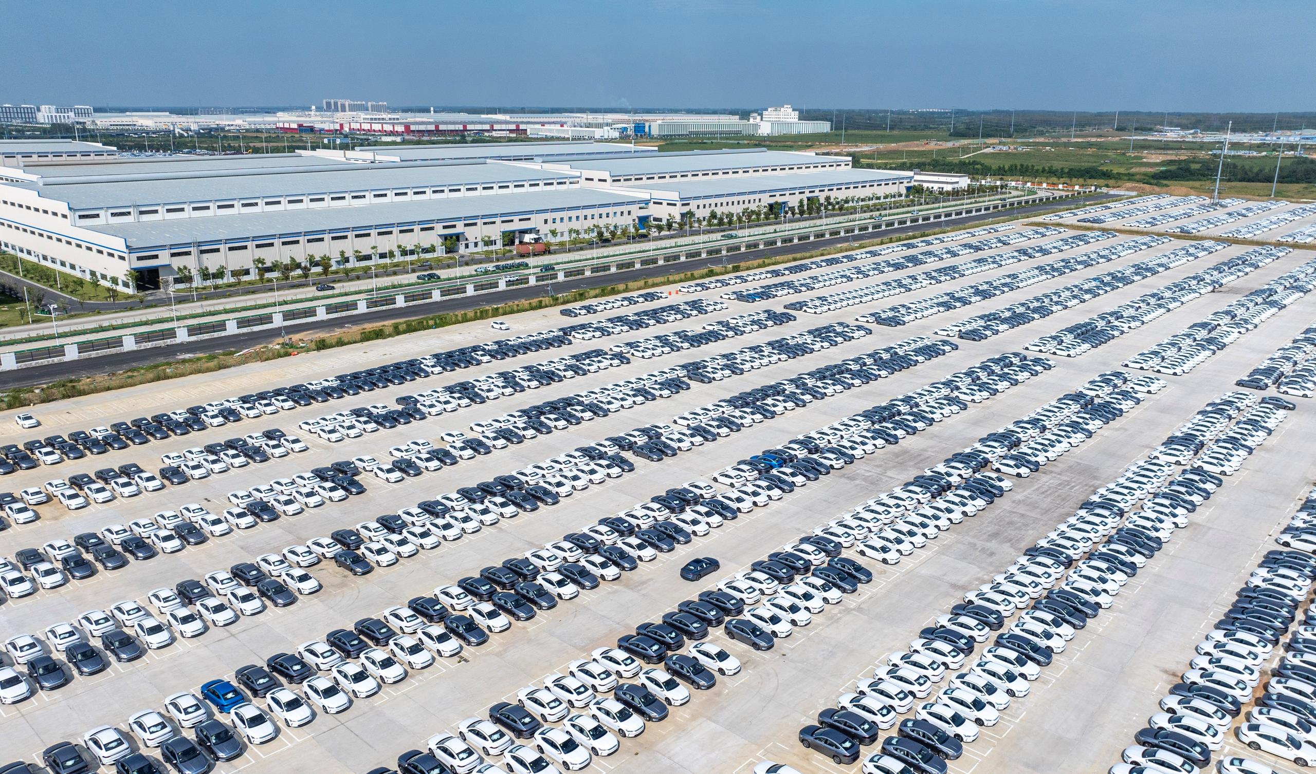 △2024年9月,安徽合肥,整齐停放的新能源汽车正在等待装车销往国内外市场。