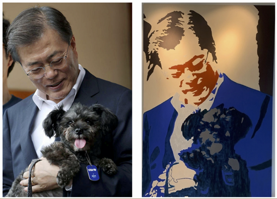 玄陵创作的巨型油画“文在寅总统与爱犬托尼”（尺寸：&nbsp;2.5米&nbsp;x 1.68米）