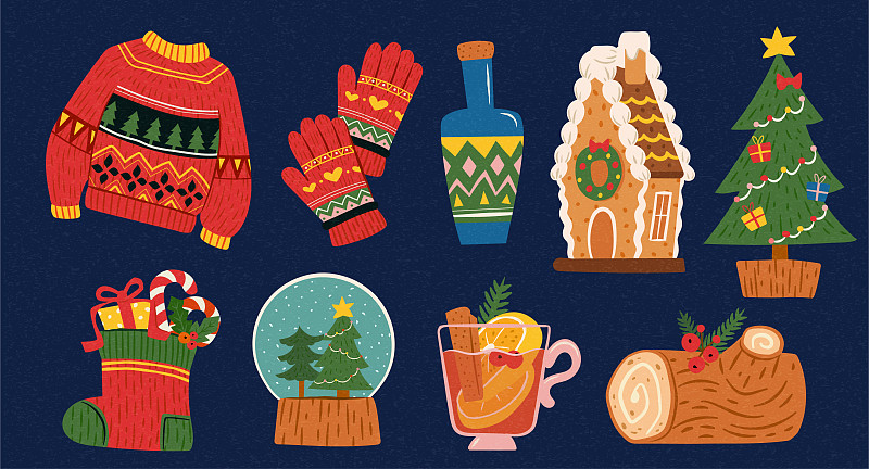 复古圣诞节相关元素插图集合图片下载