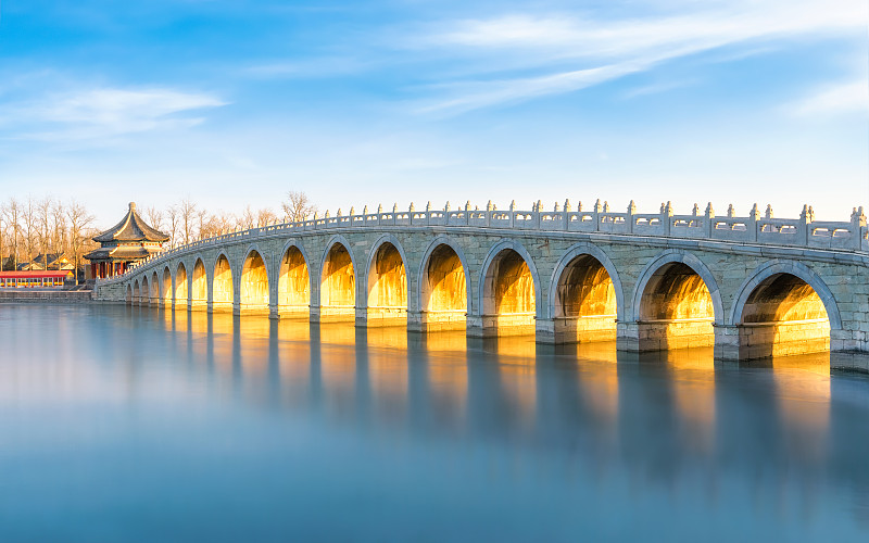 北京颐和园十七孔桥日落图片下载