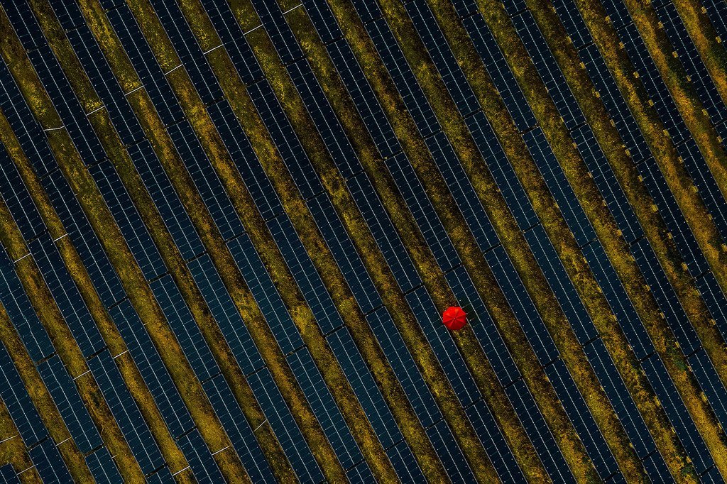 打着红色太阳伞的人走过法国一个太阳能发电厂。