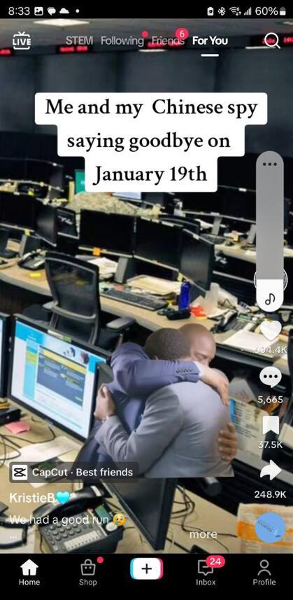 Tiktok用户纷纷制作“1月19日，和我最好的中国间谍朋友说再见”相关内容自嘲，来表达不满。Tiktok截图