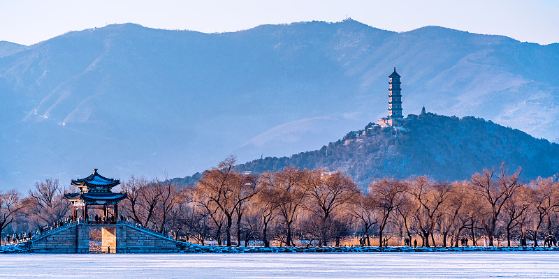 中国北京颐和西堤豳风桥与玉峰塔冬天风光图片下载