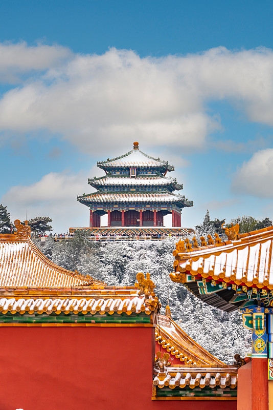 景山万春亭与故宫宫殿红墙雪景图片下载